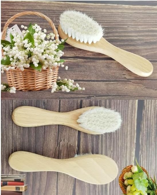 3PCS Baby Hair Brush with Wooden Handle and Comb Set for Newborns & Toddlers | Natural Soft Goat Bristles l Wood Comb l Pink Silicone Brush| Ideal for Cradle Cap