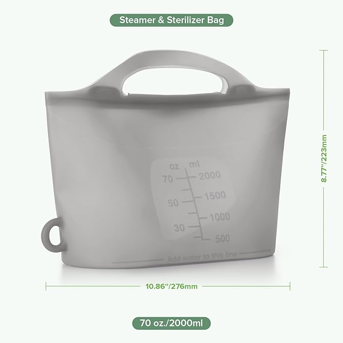 Haakaa Silicone Microwave Steamer & Steriliser Bag, 70oz/2000ml Large Capacity Reusable Steaming Bags for Baby Bottles, Breast Pump, Accessories, Pacifiers,Teethers, Great for Home&On The Go, Grey/1PC