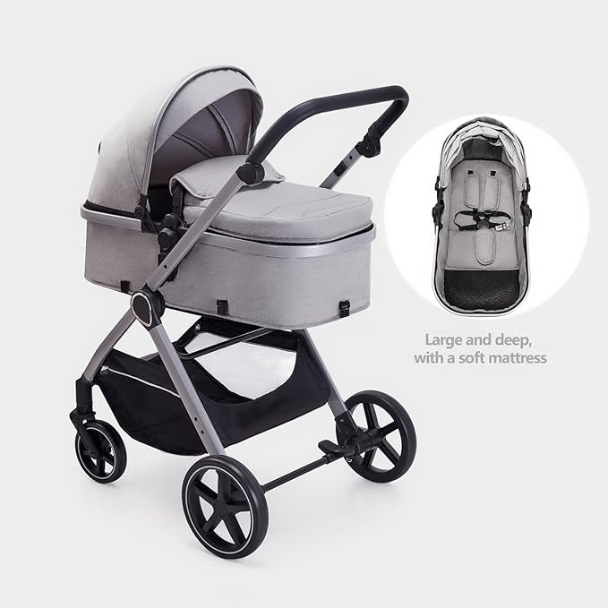 2 in 1 Baby Stroller, Newborn Infant Toddler Convertible Pram Stroller for 0-36 Months Old Babies (Grey)