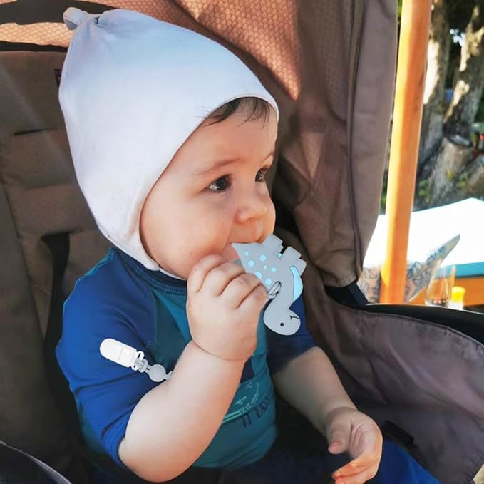 Baby Teething Toys,Food Grade Silicone Teether with One-Piece Pacifier Clip Holder,Shower Gift,Highly Effective Pain Relief for 3 Months+ Boy and Girl,BPA Free,Freezer Safe. (Dinosaur)