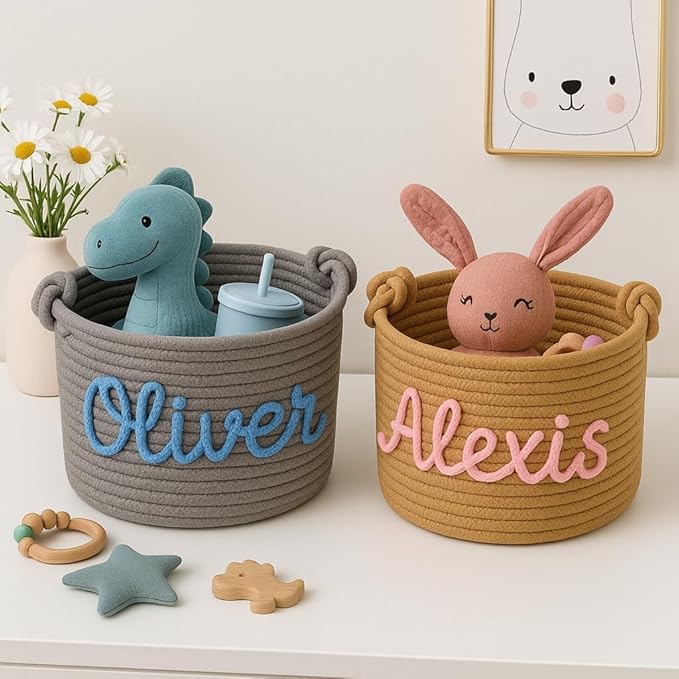 MBBEST Personalized Baby Shower Basket โ Custom Rope Cotton Babys Basket with Name โ Newborn Keepsake, Nursery Storage, Small Diaper Caddy Organizer, Cute Girl & Boy Baby Gifts