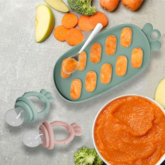 Baby Food Fruit Feeder, Breastmilk Baby Popsicle Molds, Silicone Teether Freezer Tray Food Feeder Pacifier for Teething Relief (Pink)