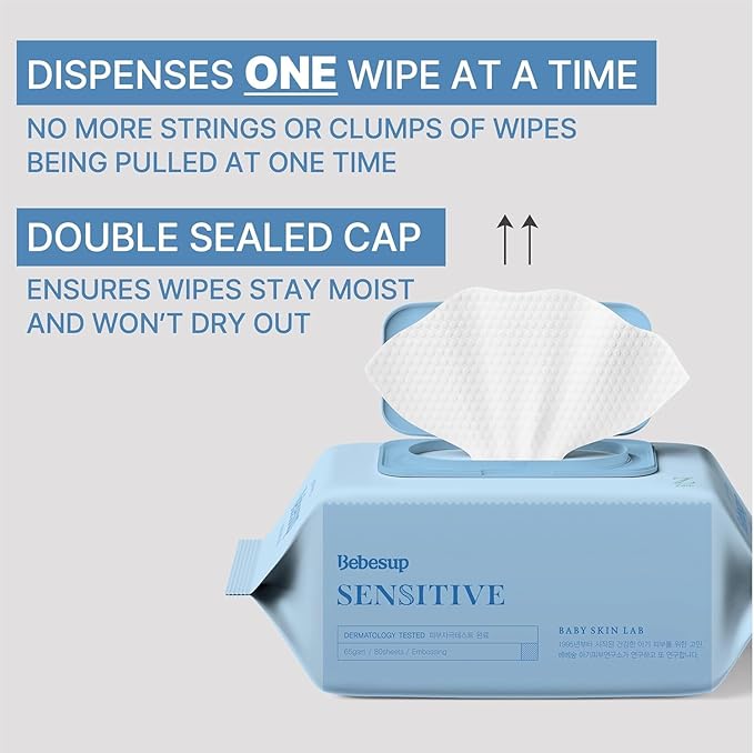 BEBESUP-Korea’s #1 Sensitive Baby Wipes -Hypoallergenic Water-based Unscented Alcohol-Free Extra-Thick Organic Superfood Extracts Plant- Based for sensitive skin Flip-Top (1 Pack)