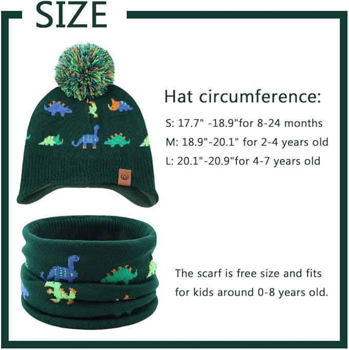 JANGANNSA Knitted Baby Hat Scarf Set Winter Warm Boys Girls Beanie Fleece Lining Toddler Kids Hats with Pompom