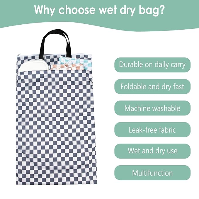 wegreeco Reusable Hanging Wet Dry Cloth Diaper Bag (Checkerboard Grey, Mint Green)