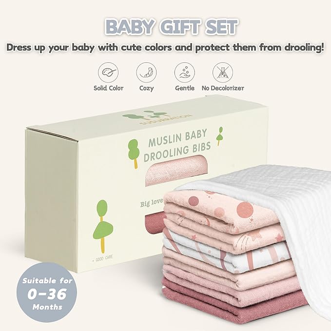 Susurration Muslin Baby Bibs 10Pack Bandana Drool Bibs Soft Adjustable Newborn for Unisex Girls & Boys (Pink Stars)