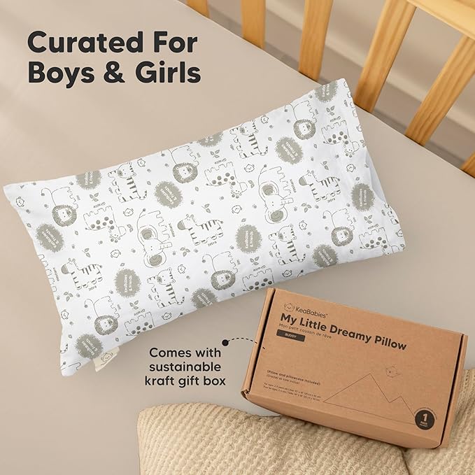 Toddler Pillow with Pillowcase - 10x18 My Little Dreamy Kids Travel Bed Pillows for Sleeping, Organic Cotton Small Pillowcase, Soft & Breathable, Machine Washable, Toddlers 2-5 Years Old (KeaSafari)