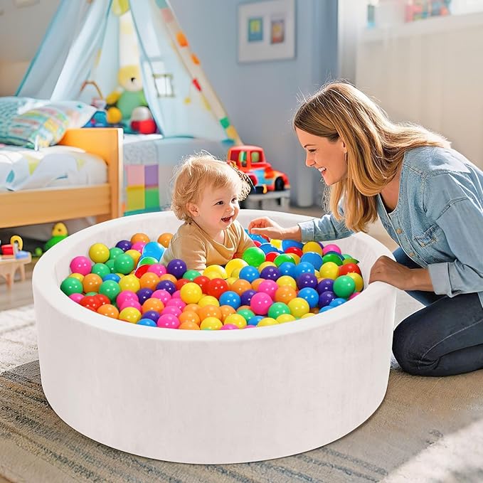Foam Baby Ball Pit, 35.4"x 11.8" Ball Pits for Toddlers, Soft Round Kiddie Playpen Ball Pool for Kids with Soft Memory Sponge, Gift for Babies Indoor and Outdoor Game,Milk silk fabric white(No Balls)
