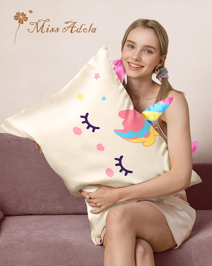 Kids Pillowcases Standard Size 20"x26" - Cute Cartoon Soft Breathable Silk Pillow Cases for Hair and Skin with Hidden Zipper for Girls Fun Kawaii Design for Bedding, White Unicorn