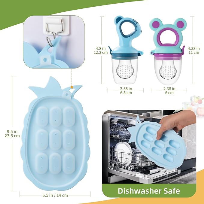 Baby Fruit Feeder Baby Breastmilk Popsicle Molds, Food Freezer Tray Storage Containers, Silicone Pacifier Feeder and Teether, Includes 6 Extra Food Pacifier