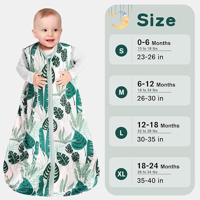 3 Pack Baby Sleep Sack 6-12 Months 100% Rayon Cotton Baby Sleeping Bag 2-Way Zipper Toddler Wearable Blankets Comfy Stretchy TOG 0.3 Lightweight(Banana&leaf&green)