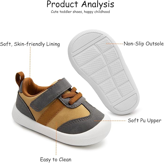 Baby Shoes Boys Girls Barefoot Wide Toe Box Zero Drop First Walkers PU Leather Nonslip Toddler Sneakers for 6-24 Months Infant Walking,Running,Crawling
