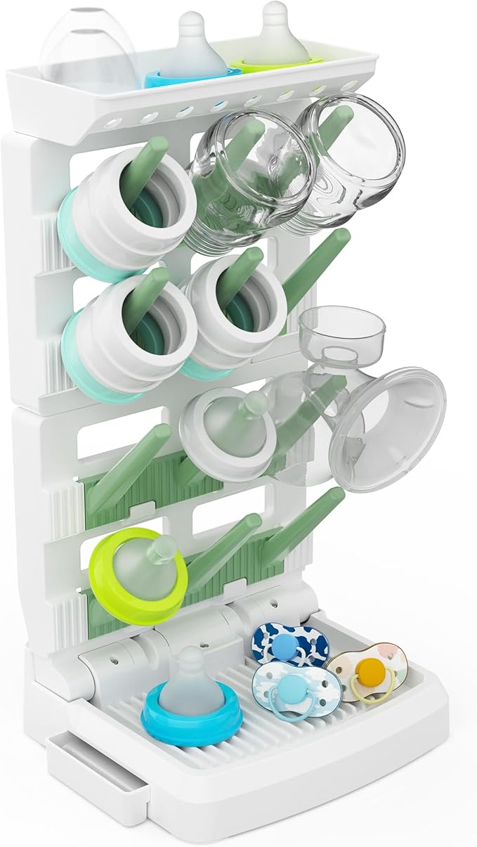 Baby Bottle Drying Rack for 12 Bottles, Space Saving Countertop Vertical Standing Bottle Dryer Rack for Baby Accessories & Pump Parts (Large White&Green)