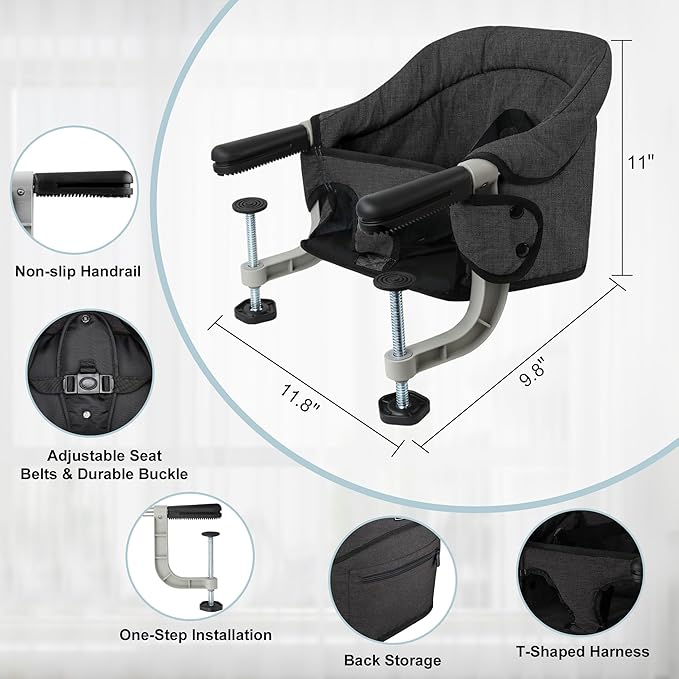 Hook On High Chair, Jozzve Baby High Chair, Portable High Chair for Travel, Foldable Fast Table Chair with Storage Bag, Baby Feeding Seat Clip On High Chair for Home and Travel (Brown)