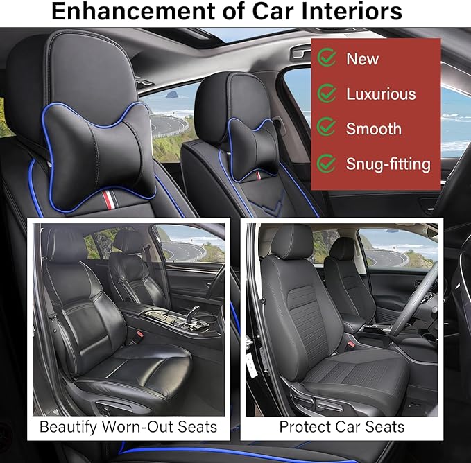 Leather Car Seat Covers Fit for LR Defender 2020-2025, 5 Seater Waterproof and Wear-Resistant Seat Cover Interior Accessories(Full Set with Pillow,Black&Blue)