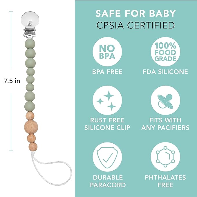 Colour Block Pacifier Clip – Food-Grade Silicone Soother Holder & Teether Strap – Secure, Non-Toxic Binky Clip for Babies – Durable, Stylish, and Easy to Clean – Unisex Baby Accessory - Sage