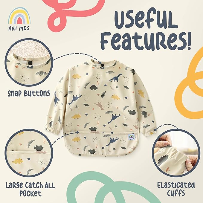 ARI MES Long Sleeves Waterproof Baby Bibs for Eating - Blue, Large- Wearable, Coverall for Toddler, Long Sleeve Bib, Smock Apron for Feeding - Applicable for 6-72 Months
