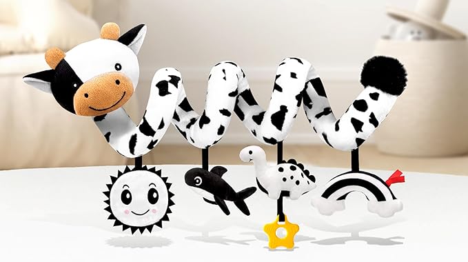 Spiral Car Seat Baby Toys 0-6 Months, Infant Carseat High Contrast Sensory Toys Hanging Stroller Accessories, Newborn for Baby Boys Girls Essentials Stuff, Cute Black and White Cow