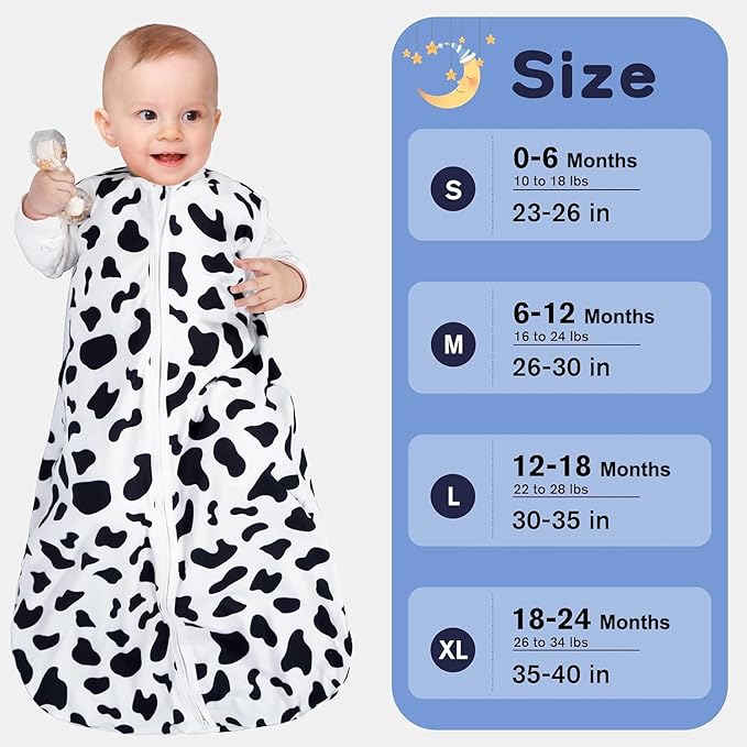 Baby Sleep Sack 0-6 Months Baby Wearable Blanket 100% Rayon Cotton 2-Way Zipper Toddler Sleeping Sack,Comfy Soft Lightweight TOG 0.3(Cow Print)