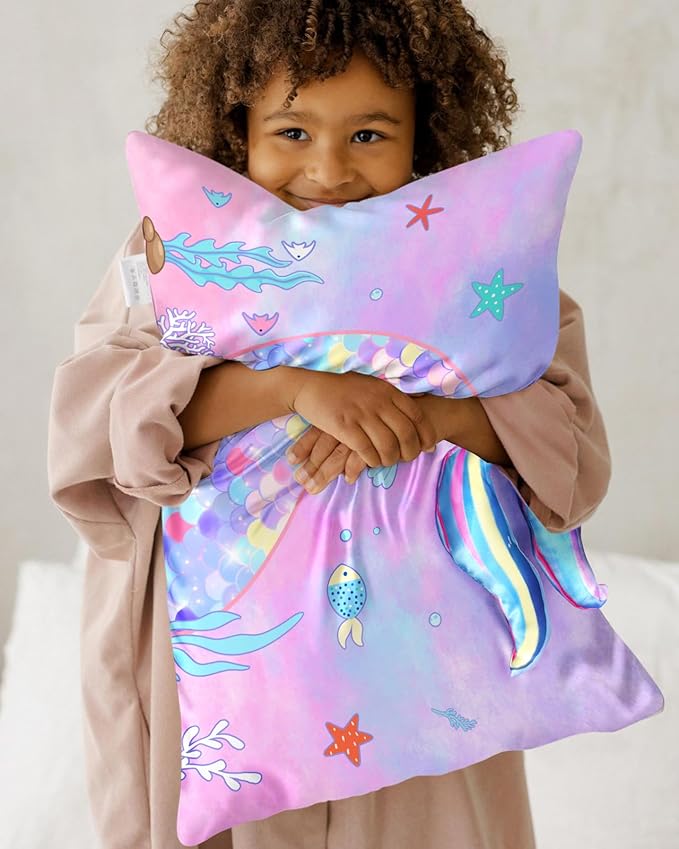 Toddler Pillowcases 13"x18" for Kids - Cute Cartoon Soft Breathable Silk Pillow Cases for Hair and Skin with Hidden Zipper for Girls Fun Kawaii Design for Bedding, Fish Tail
