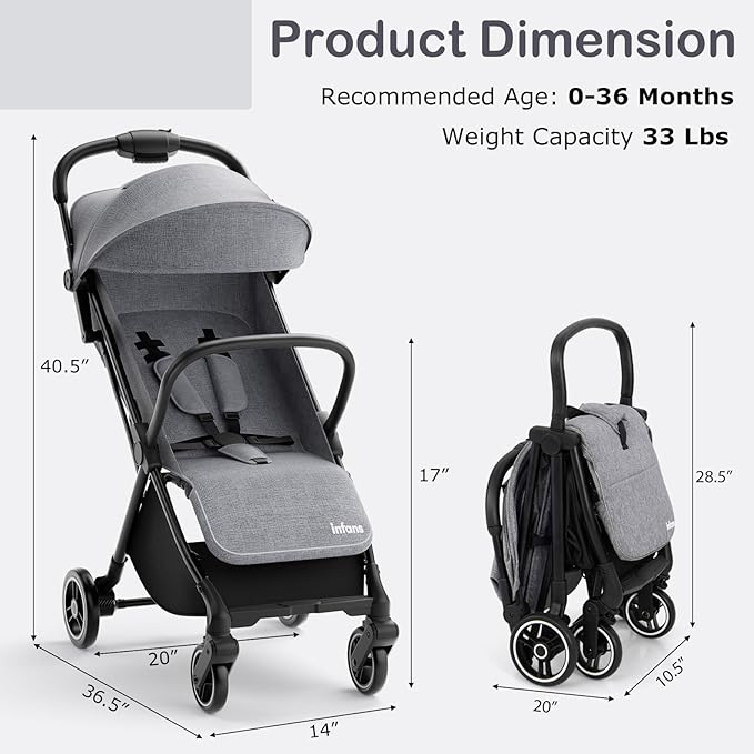 INFANS Ultra-Compact Fold Airplane Ready Travel Stroller, One-Hand Gravity Fold Near Flat Recline Seat, Foldable Toddler Stroller for Infant 0-36 Month