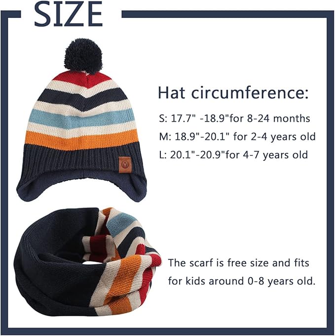 JANGANNSA Knitted Baby Hat Scarf Set Winter Warm Boys Girls Beanie Fleece Lining Toddler Kids Hats with Pompom