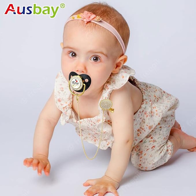 Personalized Pacifier Set with Name, BPA Free, Bling Gold Silver Pink Rose Gold Luxurious Ideal Gift for Newborns (Black)