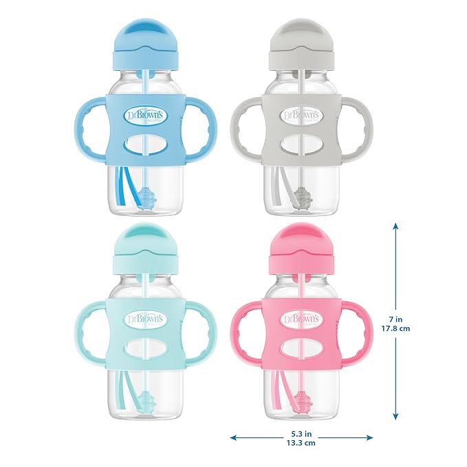 Dr. Brown's Milestones Wide-Neck Sippy Straw Bottle with 100% Silicone Handles and Weighted Straw, 9 oz/270 mL, Gray & Blue, 6m+