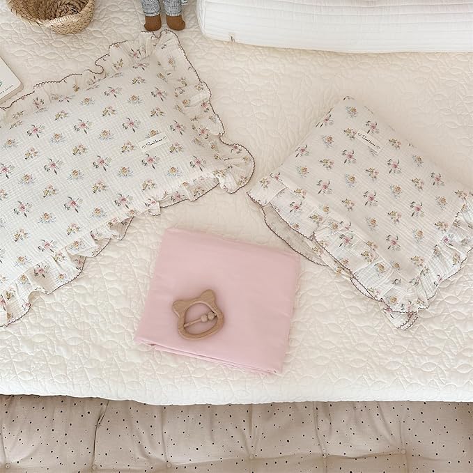 AOJIM Muslin Cotton Kids Pillowcase with Azalea Patterns, Lightweigth Soft Crib Nursery Pillowcase 1PC for Boys Girls, Print Toddler Bedding for Room Decor, Machine Washable, 14x20 Inches