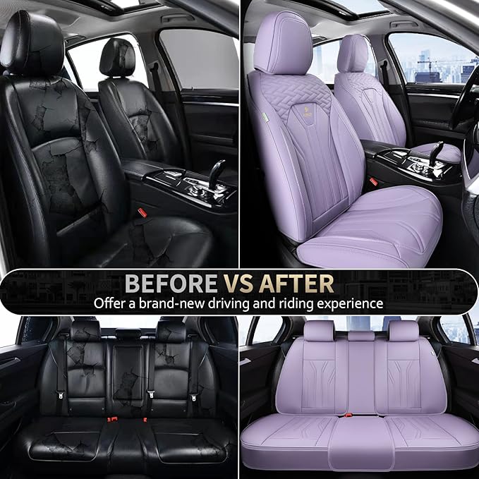 FLORICH Leather Car Seat Covers Full Set, Purple Car Seat Cover, Universal Full Coverage Car Seat Covers Waterproof Car Seat Cushion Protector Front Seats and Rear Fit for Most Cars Trucks SUVs