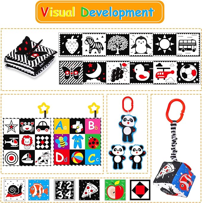 4 PCS Black and White High Contrast Baby Toys 0-3-6 Months Newborn Essential Montessori Toy for Babies Crinkle Sensory Book Brain Development Tummy Time Mirror Infant Carseat Rattle Easter Shower Gift