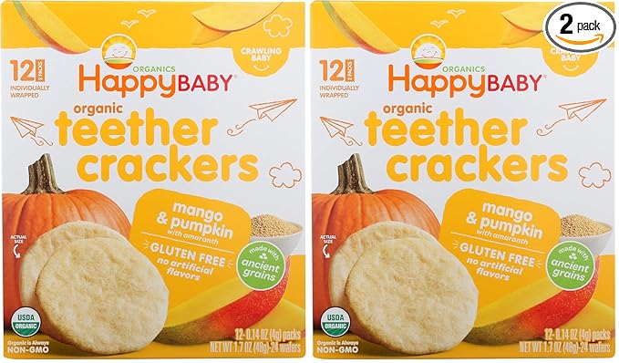 Happy Baby Organic Mango & Pumpkin Teether Crackers 12 Count, 1.7 OZ (Pack of 2)