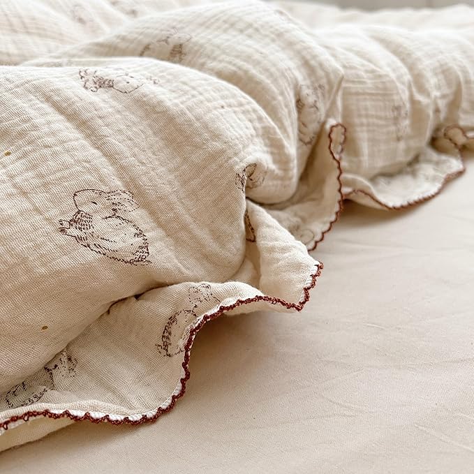AOJIM Cute Rabbit Muslin Cotton Kids Toddler Pillowcase for Boys Girls Super Soft Baby Crib Bedding Pillowcase with Ruffle Edges Machine Washable Nursery Pillowcase, Durable Kids Pillow Cover, 14x20''