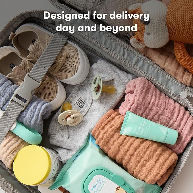 Frida Mom 30pc Pre-Packed Hospital & Diaper Bag Essentials Gift Set, Includes Labor, Postpartum, & Newborn Grooming Kit in One, Easy to Organize with Removable Toiletry Bags, & Suitcase Strap