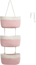 TeoKJ Over the Door Organizer, 3-Tier Woven Cotton Hanging Kitchen Baskets Storage Organizer Bag with Hooks Wall-Mounted Decorative Rope Baskets - Pink+White