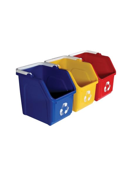Multi Bin Recycling System with Three Stackable 6 Gallon Recycle Bins to Build Your Recycling Center for Offices, Kitchen, Garages, Businesses (3 Pack, Blue/Yellow/Red)