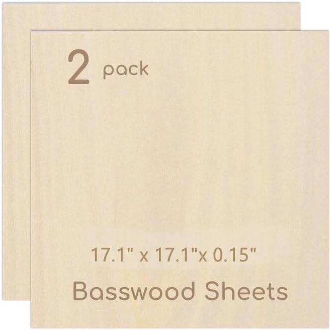 2 Pack Plywood Sheets, 17.1" x 17.1"x 0.15" Basswood Sheets | 4mm Basswood by Hosifiy