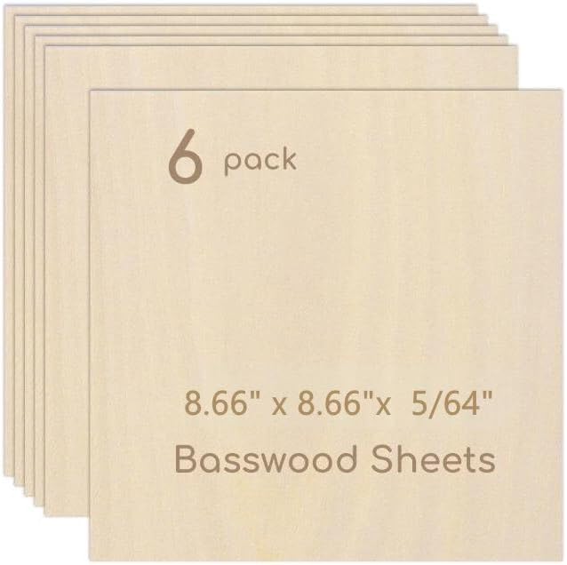 6 Pack Plywood Sheets, 8.66" x 8.66"x 5/64" Basswood Sheets | 2mm Basswood by Hosifiy
