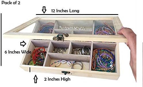 2 Pack Unfinished Wood Box, Glass Lid, 14 Compartment Jewelry Organizer | - Image 5