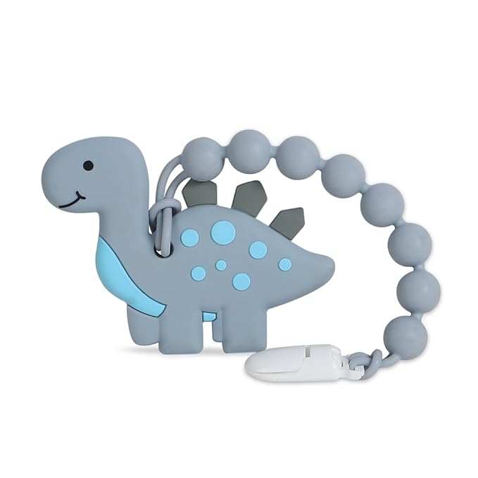 Baby Teething Toys,Food Grade Silicone Teether with One-Piece Pacifier Clip Holder,Shower Gift,Highly Effective Pain Relief for 3 Months+ Boy and Girl,BPA Free,Freezer Safe. (Dinosaur)