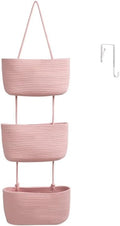 TeoKJ 3-Tier Wall hanging Storage Bags, Over the Door Organizer, Decorative Cotton Rope Hanging Baskets, Pink