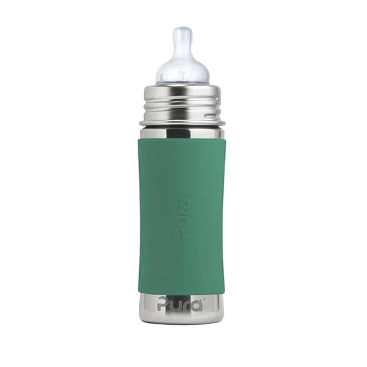 Pura Kiki 9oz/275ml Stainless Steel Infant Bottle w/Sleeve, Anti-Colic, Medical-Grade Silicone, Medium-Flow Nipple, for Babies 3 Months & Up - Mint