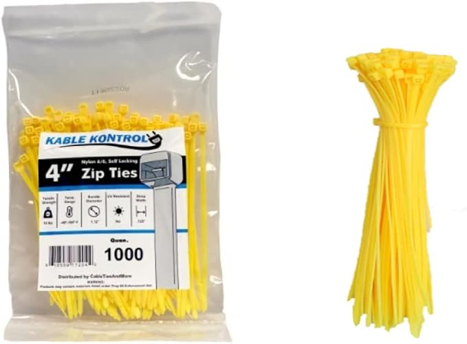 Kable Kontrol Yellow Zip Ties 4 Inch 1000 Pcs, 18 Lbs Tensile Strength by KABLEKONTROL%C2%AE