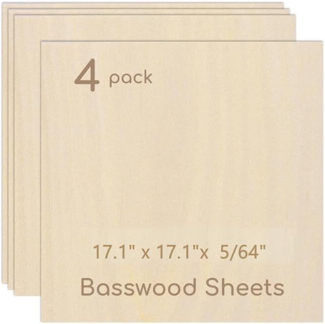4 Pack Plywood Sheets, 17.1" x 17.1"x 5/64" Basswood Sheets | 2mm Basswood by Hosifiy
