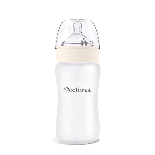 Yooforea Silicone Coated Glass Baby Bottle, 6M+ Fast Flow Nipple I Anti-Colic, Wide Neck, Stable Base I Medical-Grade Silicone Coating for Shatter Protection, BPA BPS PVC Free (9 Ounce-Cream)