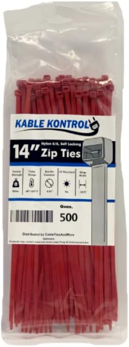 Kable Kontrol Red Zip Ties 14 Inch 500 Pcs, 50 Lbs Tensile Strength, by KABLEKONTROL%C2%AE