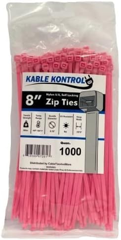 Kable Kontrol Pink Zip Ties 8 Inch 1000 Pcs, 50 Lbs Tensile Strength, by KABLEKONTROL%C2%AE