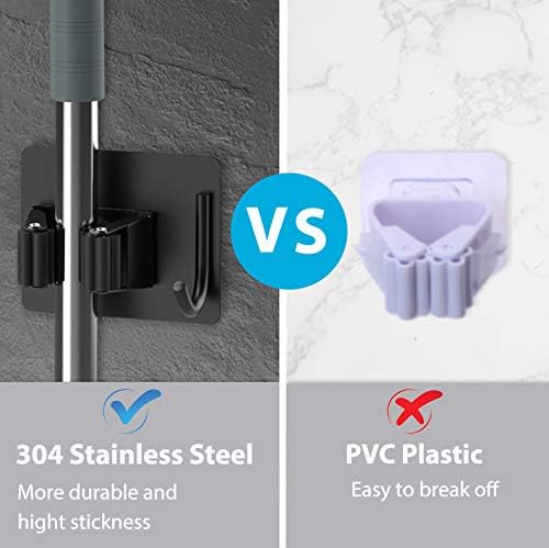 Mop Broom Holder No Drill, Mop Broom Organizer Wall Mounted Heavy Duty with Hooks Hanger, Self Adhesive Stainless Steel 4Pcs for Bathroom, Kitchen, Office (Black)