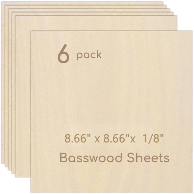 6 Pack Plywood Sheets, 8.66" x 8.66"x 1/8" Basswood Sheets | 3mm Basswood Craft by Hosifiy