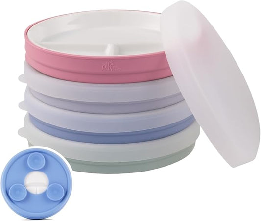 Elk and Friends Kids 6.7” Porcelain Divided Plates with Silicone Suction Sleeves + Silicone Lids | Suitable for Babies/Kids/Toddlers | Microwave & Dishwasher Safe | Non Slip | Snack Dishes | 4 Pack